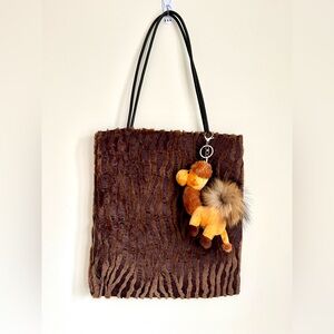 Brand new  Faux Fur Tote Bag with a lion bag charm, Boho Shoulder Bag